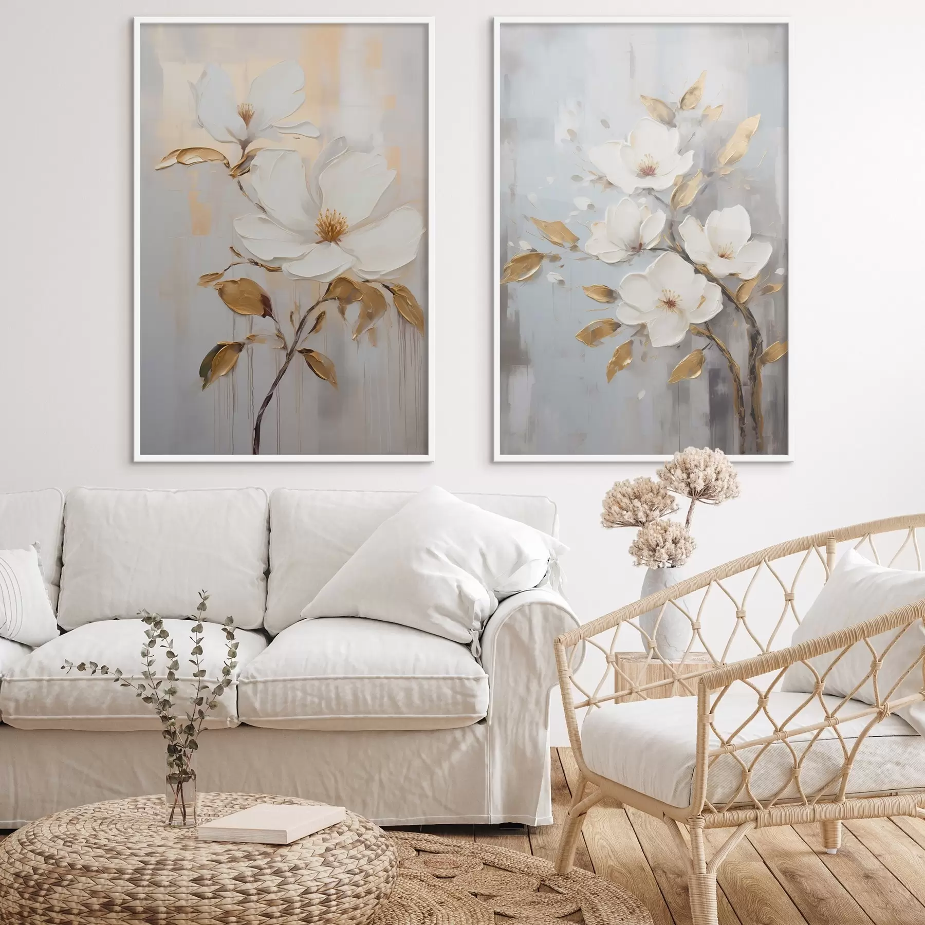 Fototapete Zwei weiße Blüten mit gelb-orangefarbenen Blättern auf hellem Hintergrund d00687