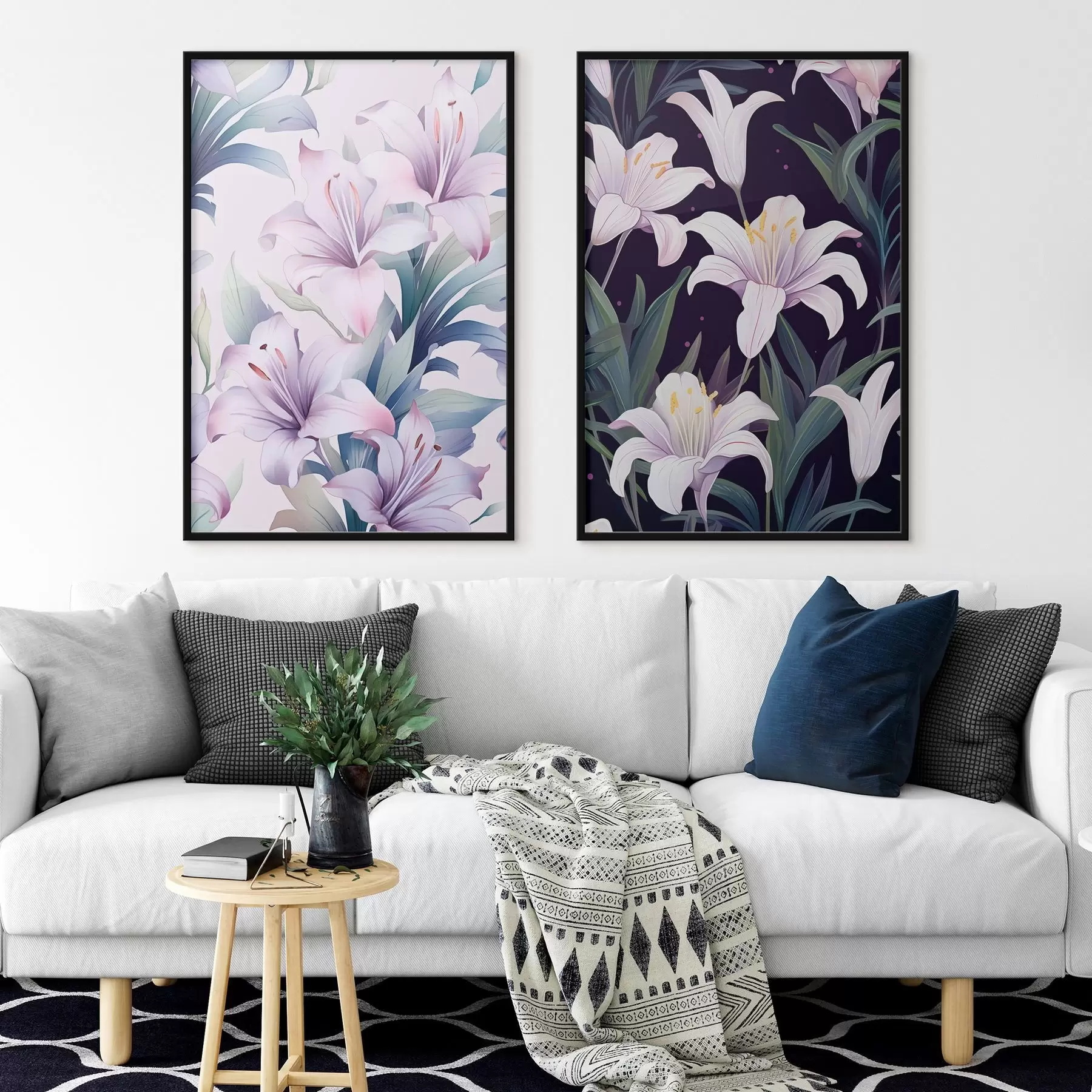 Fototapete Zarte rosa Lilien mit grünen Blättern auf hellem und dunklem Hintergrund d00689