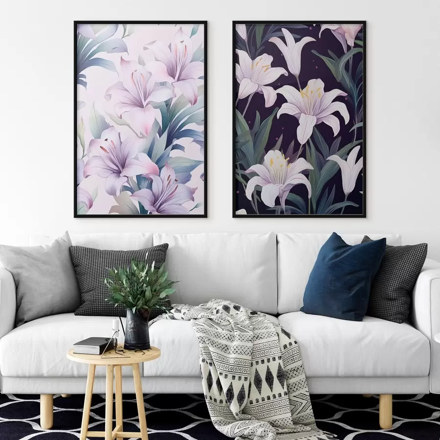 Fototapete Zarte rosa Lilien mit grünen Blättern auf hellem und dunklem Hintergrund d00689