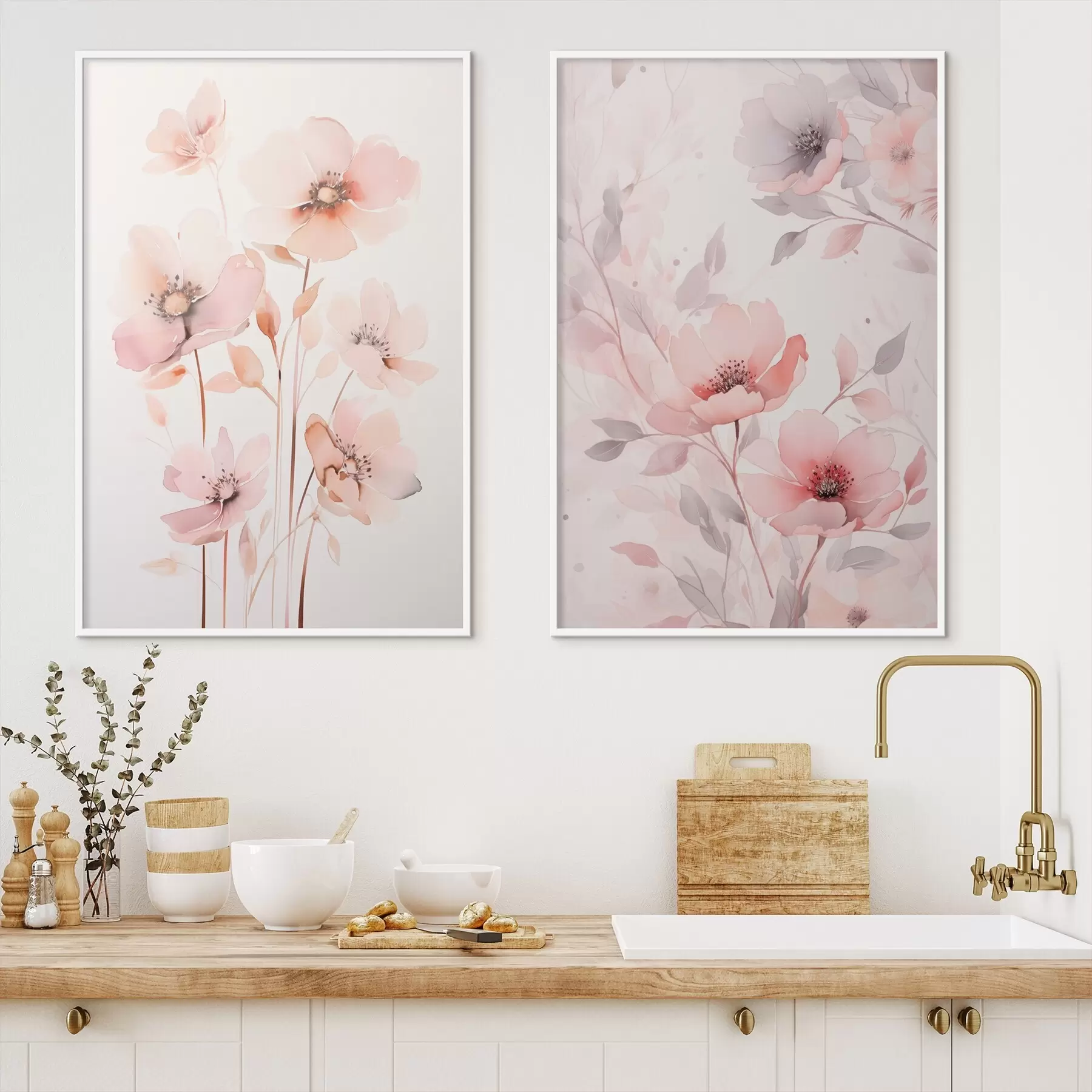 Fototapete Aquarell rosa Blumen auf dünnen Stielen d00690