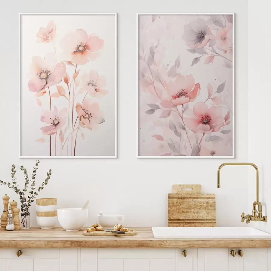 Fototapete Aquarell rosa Blumen auf dünnen Stielen d00690