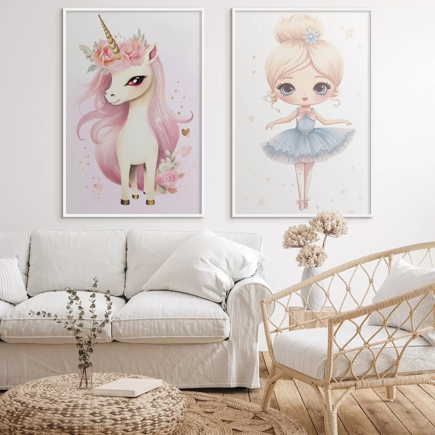 Fototapete Ballerina-Puppe im blauen Kleid und Einhorn mit rosa Mähne d00692