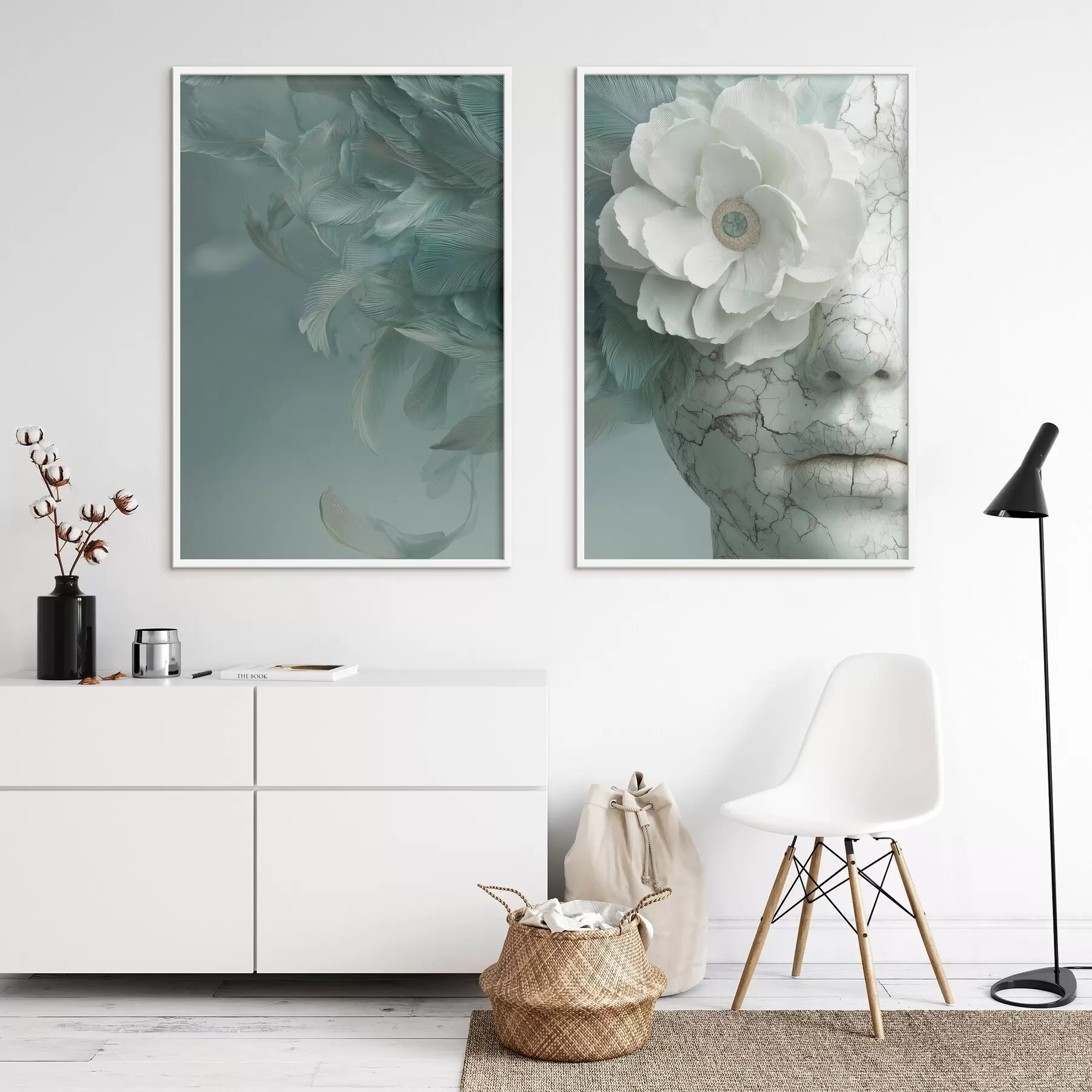 Fototapete marmorgesicht eines Mädchens mit einer Blume und Federn d00699