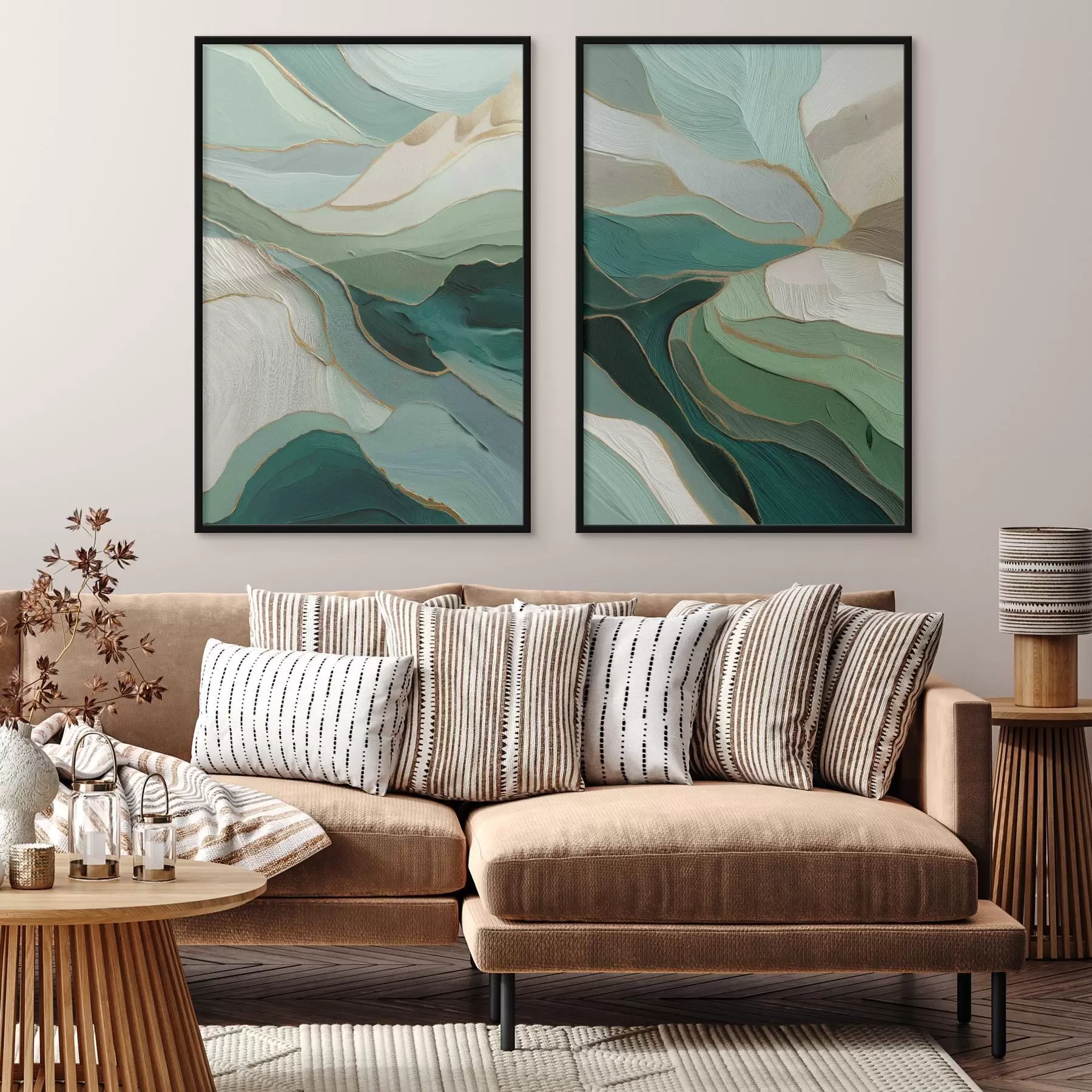 Fototapete Smaragdgrüne Schichtabstraktion mit gelbem Umriss d00766