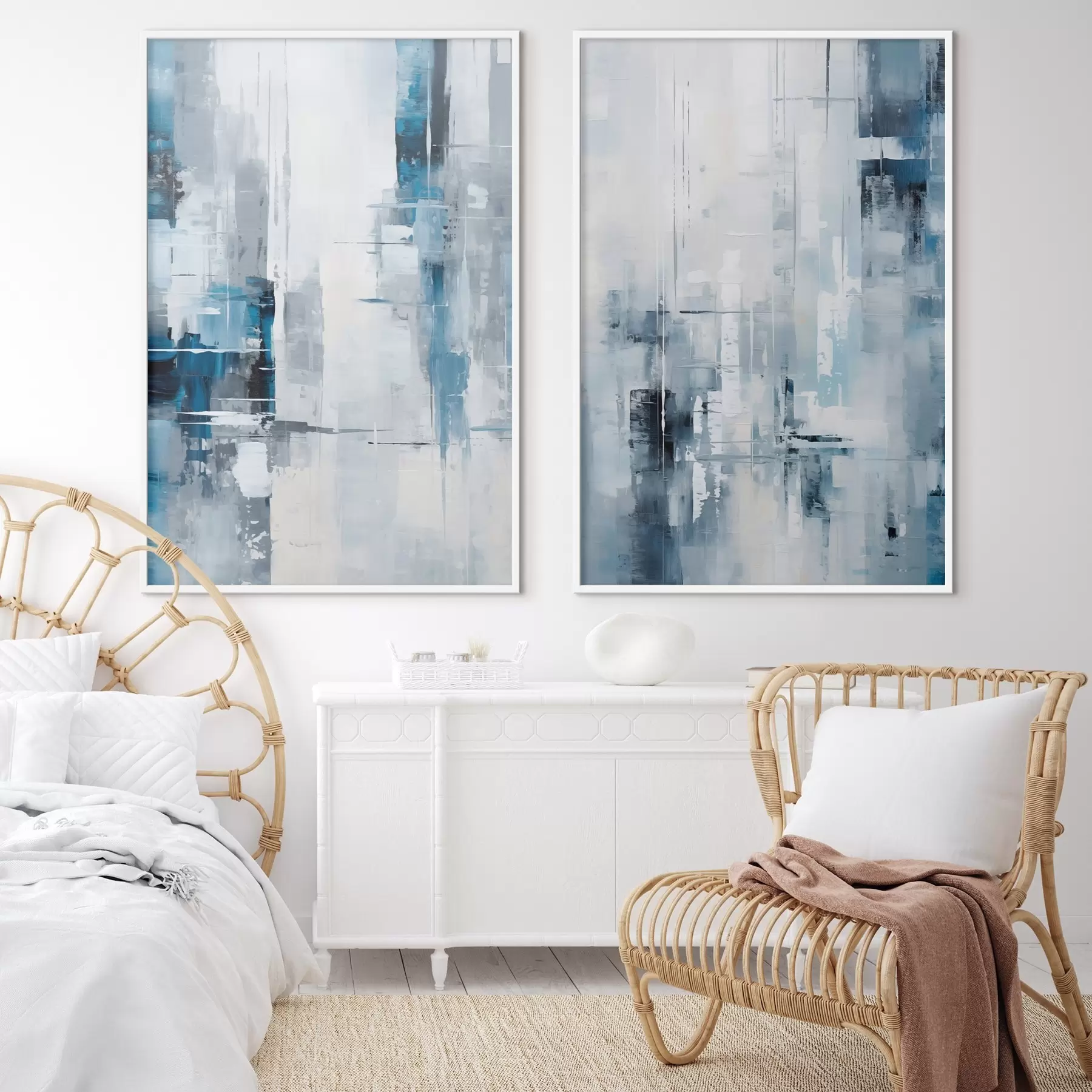 Fototapete Abstrakte Malerei-Imitation mit blauen, grauen und weißen Farben, vertikalen Linien und geometrischen Formen d00819