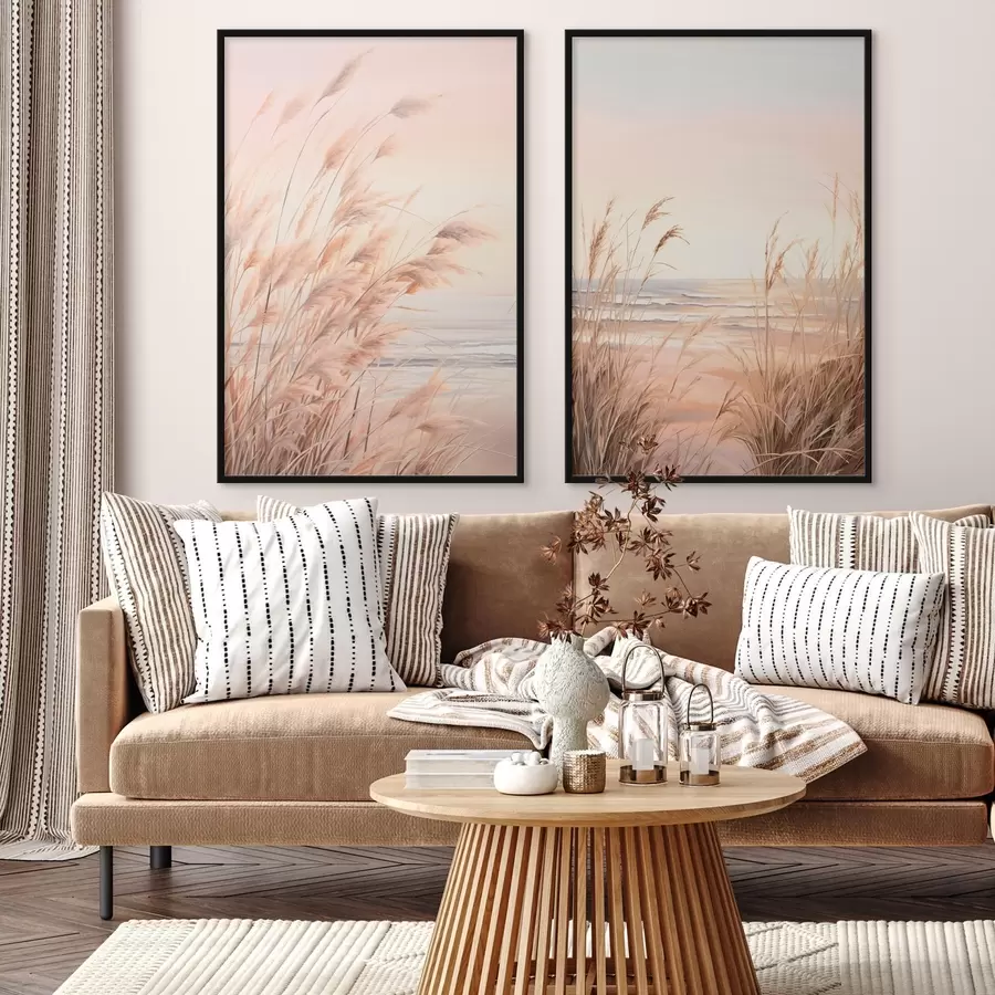 Fototapete Pampasgras mit pastelloranger Farbpalette, hellrosa Himmel, eine ruhige Landschaft d00823