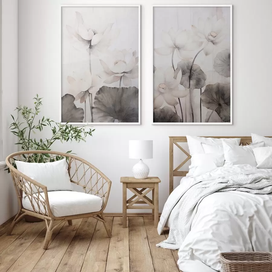 Fototapete Weiße Lotusblumen mit dunkler Blattstruktur, heller Hintergrund, minimalistisches Design d00824