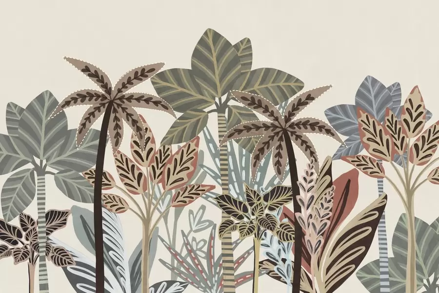 Fototapete Strukturierte tropische Pflanzen und Palmen in gedeckten Farben im dekorativen Boho-Stil vor cremefarbenem Hintergrund w09639