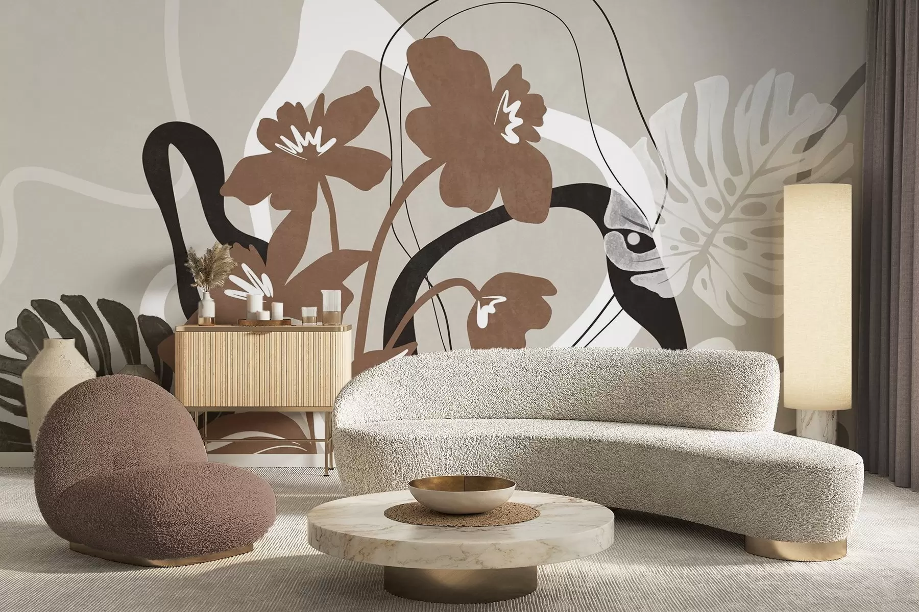 Fototapete Abstrakte, strukturierte braune Blumen mit weißen und schwarzen Formen vor beigem Hintergrund, minimalistische Kunst w09645v1