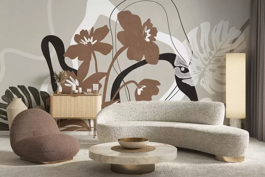 Fototapete Abstrakte, strukturierte braune Blumen mit weißen und schwarzen Formen vor beigem Hintergrund, minimalistische Kunst w09645v1