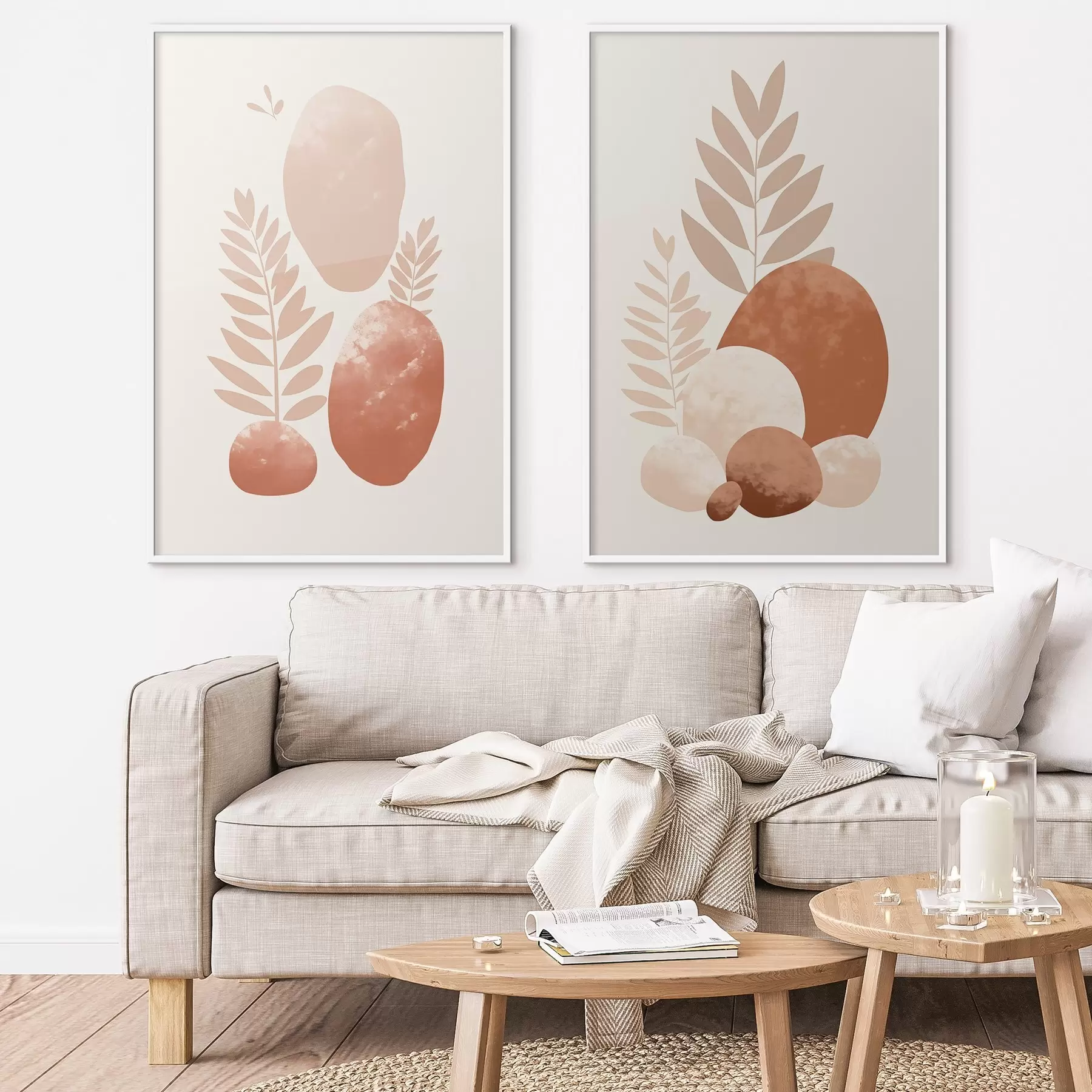 Fototapete Abstrakte Formen, strukturierte Steine und Blätter in gedeckten Pfirsich- und Terrakottatönen, minimalistisch, cremefarbener Hintergrund d01114