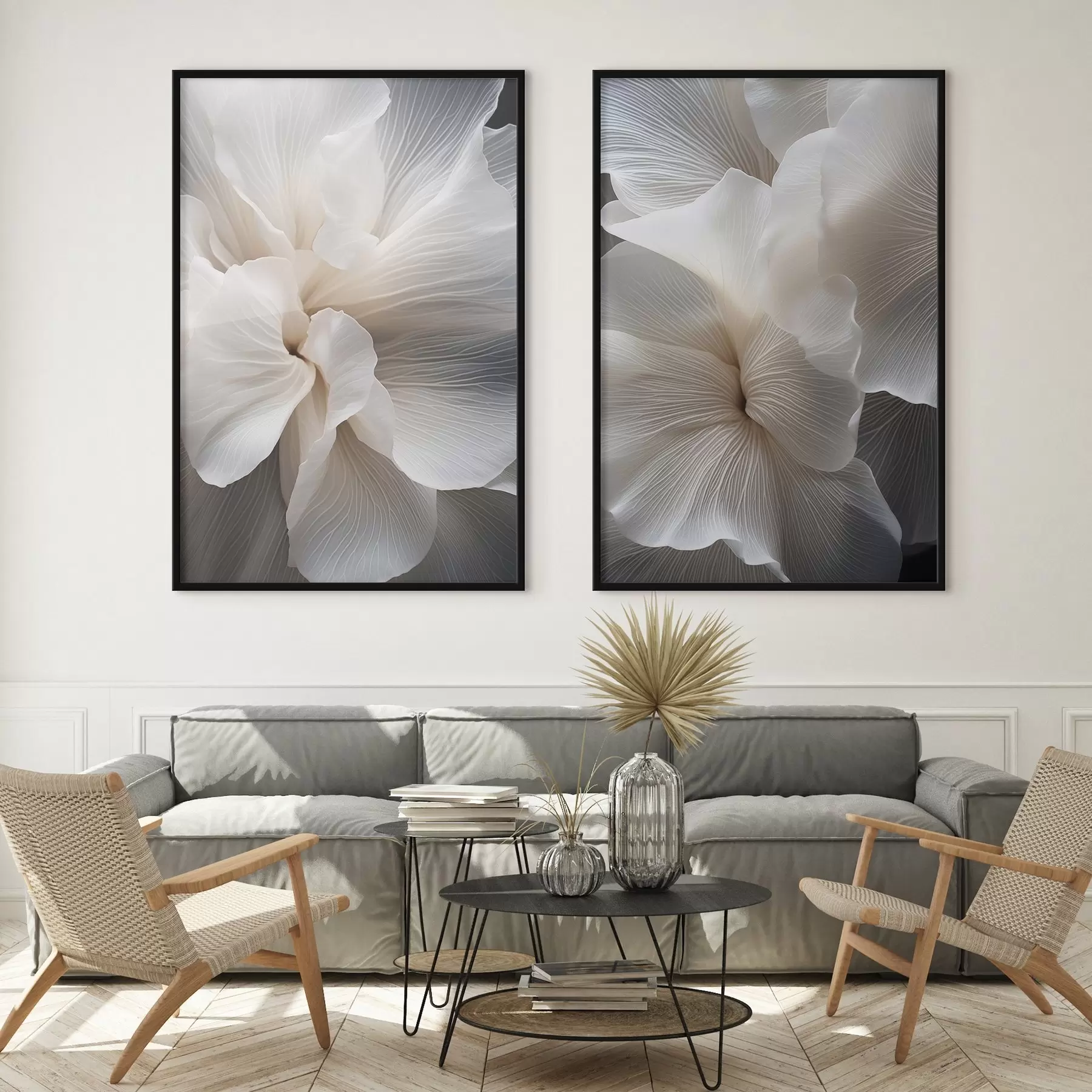 Fototapete Nahaufnahme von zarten, abstrakten weißen Blütenblättern mit filigranen Linien und einem verschwommenen dunklen Hintergrund d01117