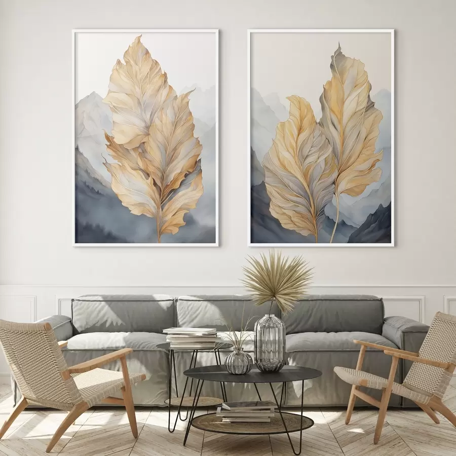 Fototapete Abstrakte große, gelbe und braune Blätter mit komplexen Details vor einer Berglandschaft d01119