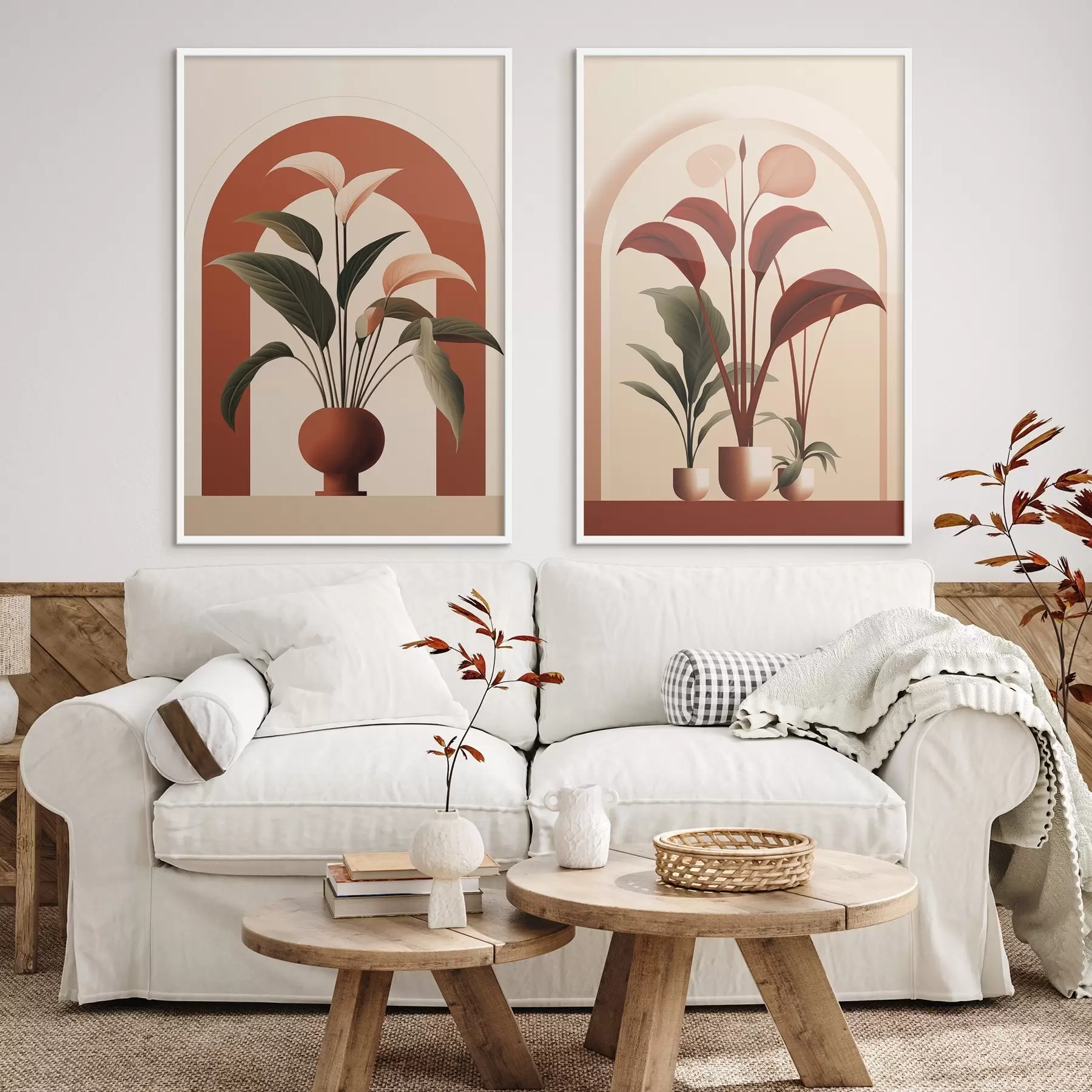 Fototapete Abstrakte Topfpflanzen mit großen grünen und roten Blättern vor einem cremefarbenen Torbogen d01124