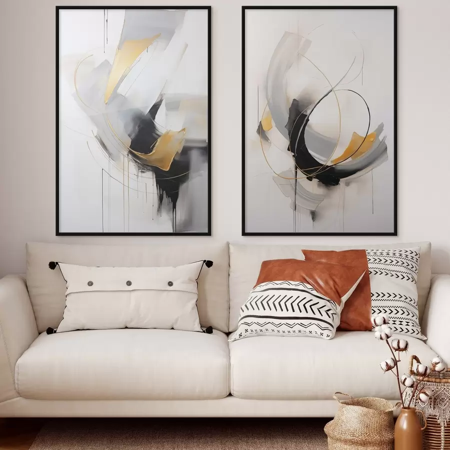 Fototapete Abstrakte Malerei mit gelben, schwarzen und weißen Pinselstrichen, dynamischen Linien d01125