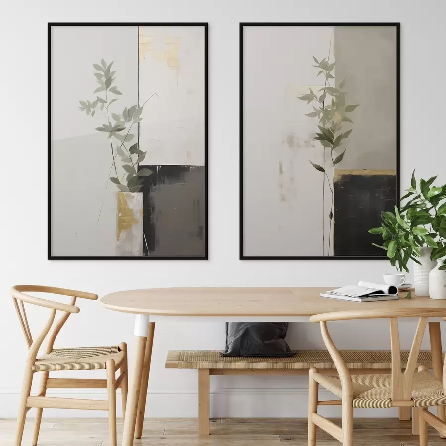 Fototapete Ein minimalistisches, strukturiertes Gemälde einer Vase mit grünen Blättern vor einem Hintergrund aus abstrakten geometrischen Formen. d01126