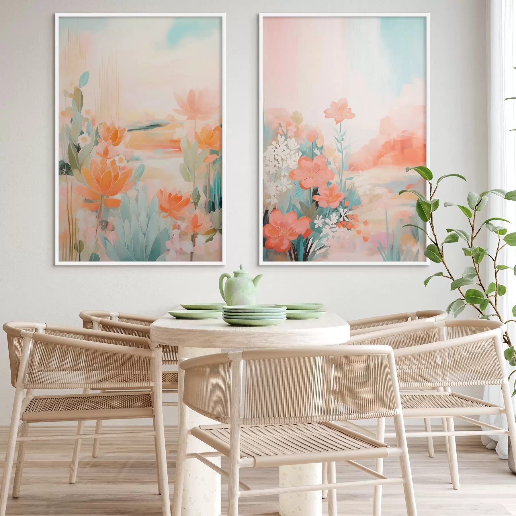 Fototapete Blumenmotive in Pastelltönen vor dem Hintergrund eines leicht nebligen Tals d01085