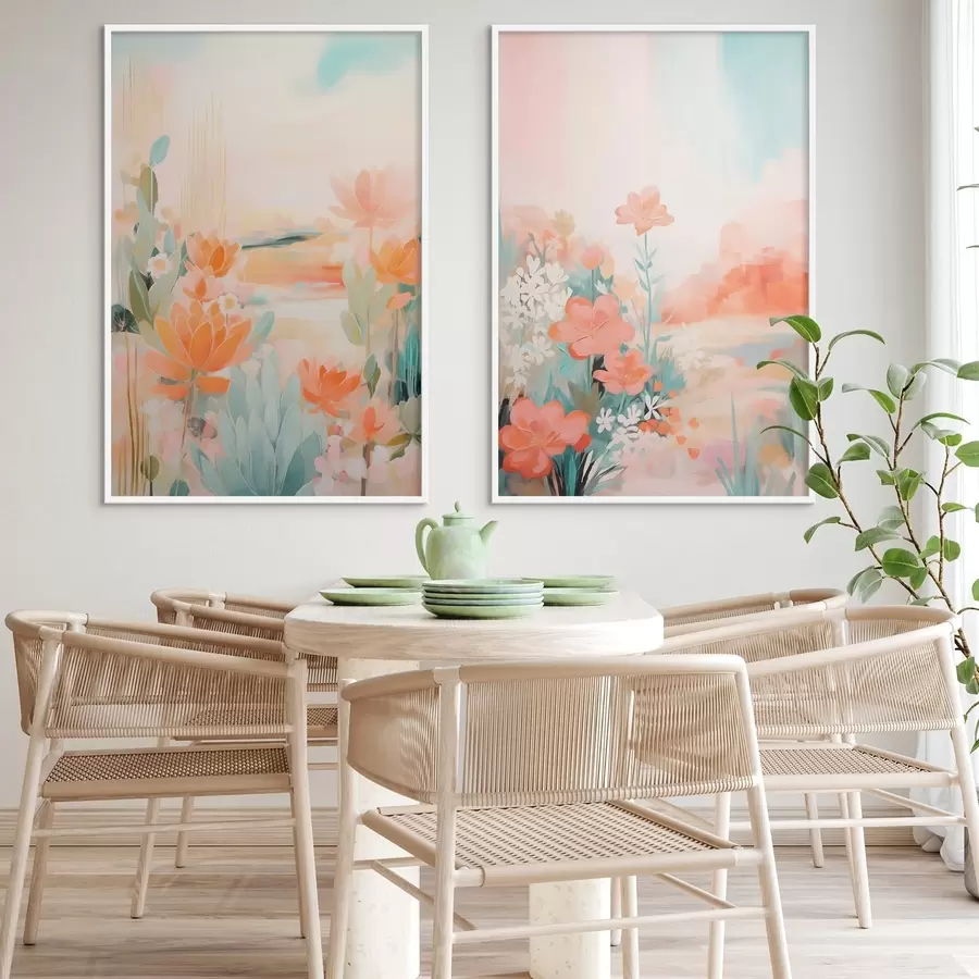 Fototapete Blumenmotive in Pastelltönen vor dem Hintergrund eines leicht nebligen Tals d01085