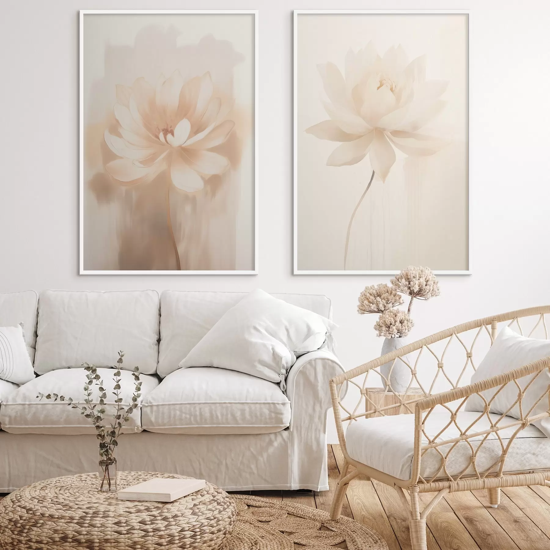 Fototapete Blumenkomposition in warmen Beigetönen mit leichten Pinselstrichen und einem luftigen Hintergrund d01087