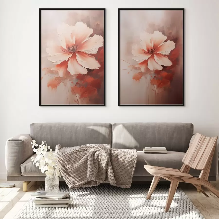 Fototapete Blumenkomposition: weiße und cremefarbene Blütenblätter, korallenrote Akzente und ein sanfter, nebliger Hintergrund d01088