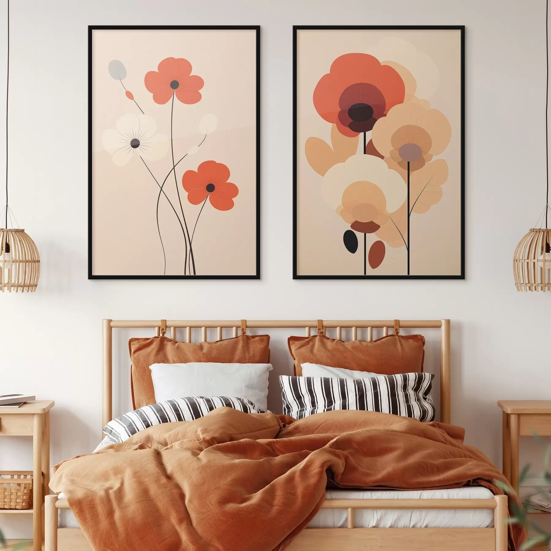 Fototapete Minimalistisches Blumendiptychon in warmen Beige-Korallentönen mit grafischen Linien d01090