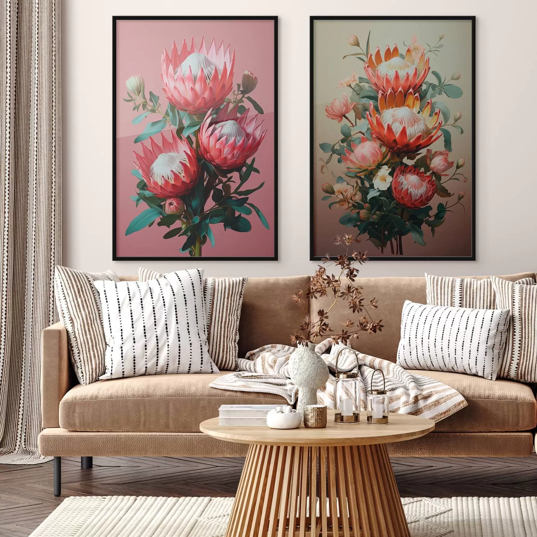 Fototapete Proteas in zwei Stimmungen: satter rosa Hintergrund und warmer Olivgrün-Farbverlauf d01092