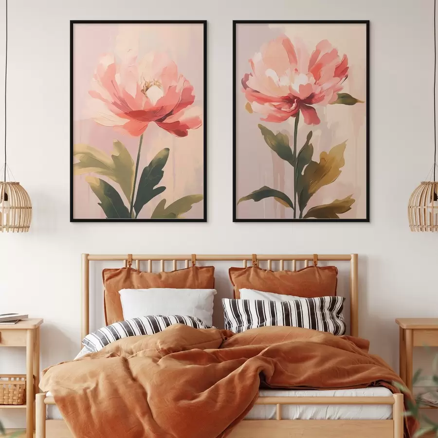 Fototapete Pastellfarbene Pfingstrosen auf hohen Stielen in warmen Rosatönen d01093