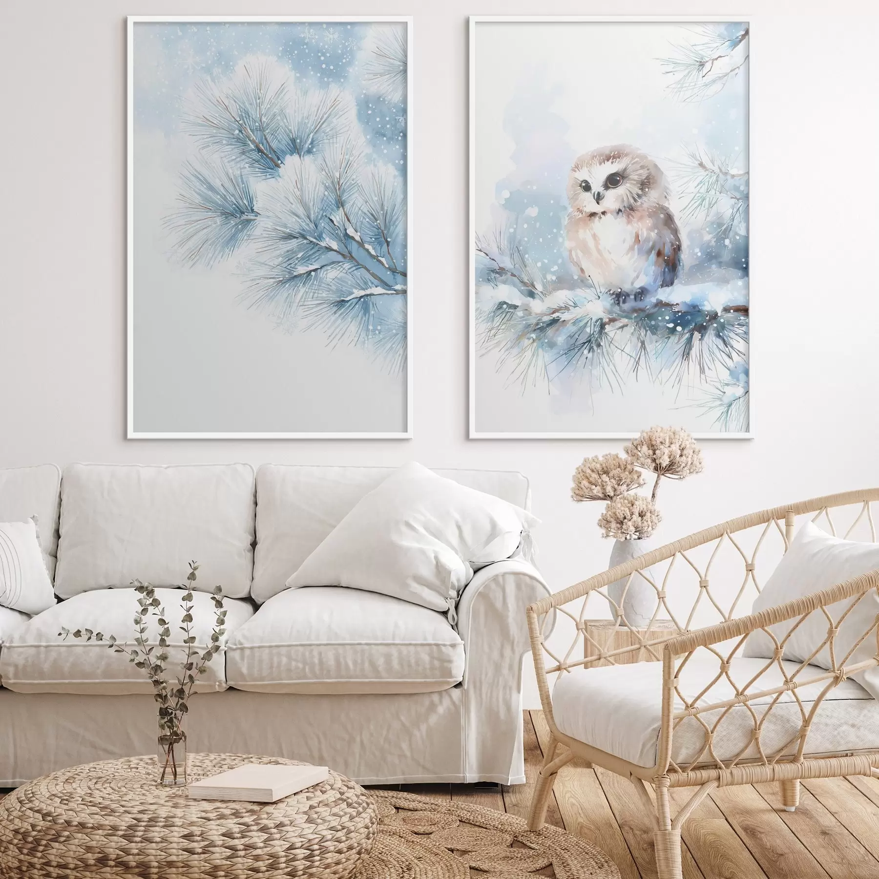 Fototapete Niedliche Eule auf einem schneebedeckten Tannenzweig im Aquarellstil d01168