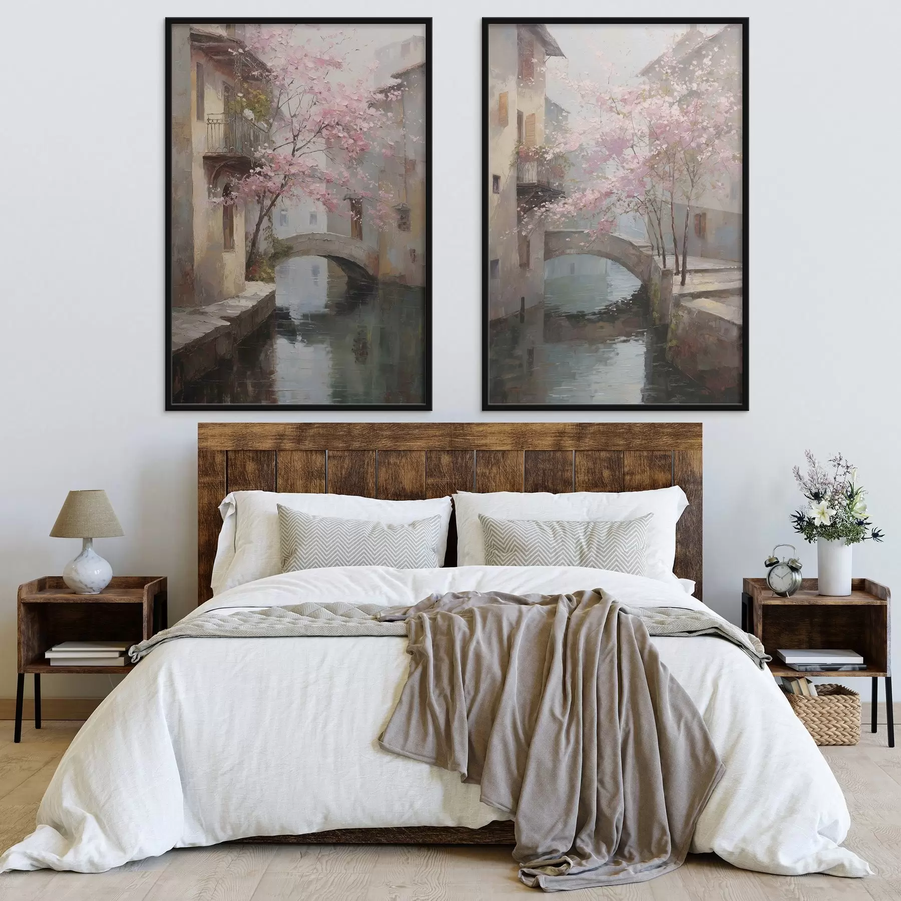 Fototapete Romantisches Stadtbild mit einem blühenden Baum im Stil eines Ölgemäldes d01173