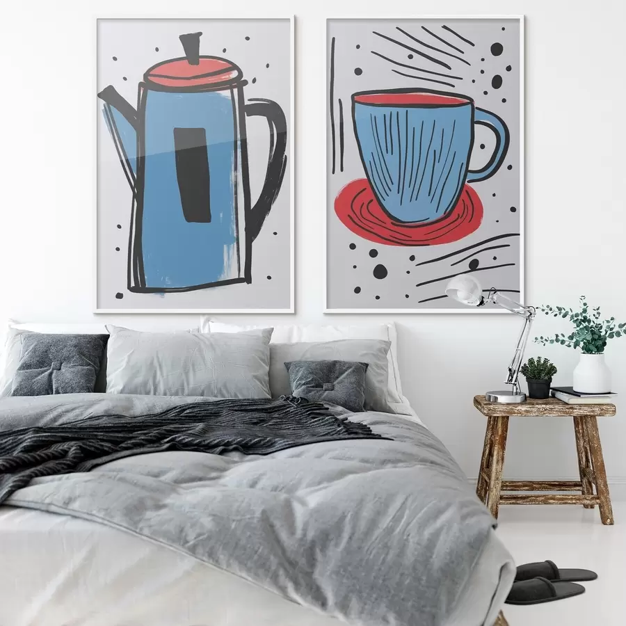 Fototapete Kaffeekanne und Tasse, Nachahmung einer primitiven Zeichnung d01225