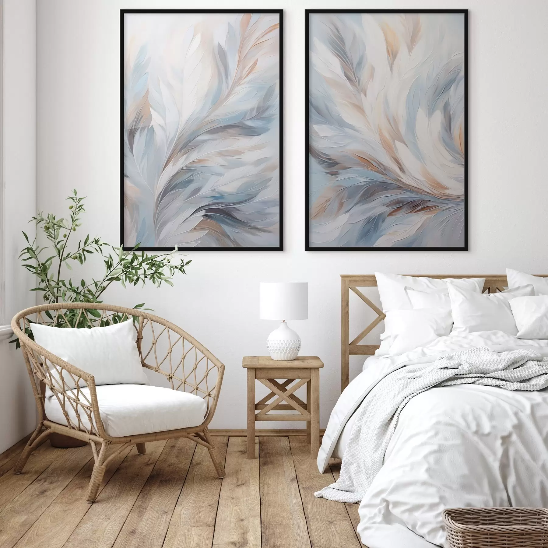 Fototapete Abstrakte Malerei von Federn in Weiß-, Blau- und Brauntönen, mit einer weichen, fließenden Textur und einem hellen Hintergrund d01234