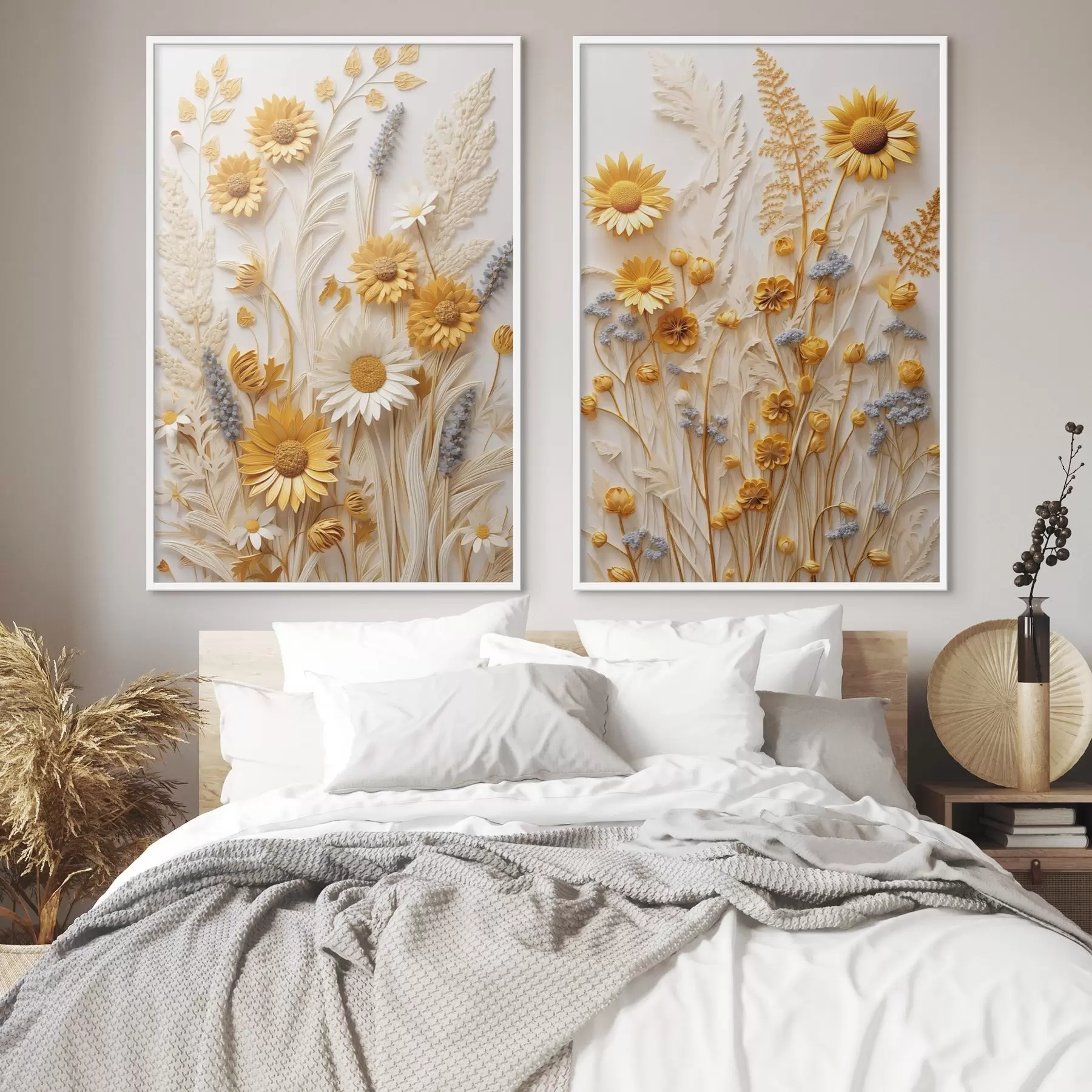 Fototapete Eine strukturierte Kollektion aus gelben und weißen Gänseblümchen mit getrockneten Gräsern und Lavendelzweigen auf weißem Hintergrund. d01241