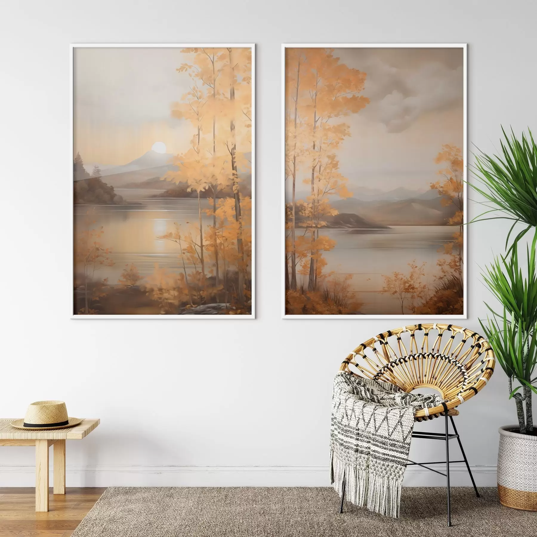 Fototapete Herbstliche Bäume mit orangefarbenen Blättern umrahmen einen ruhigen See mit fernen Bergen unter einem bewölkten Himmel. d01246