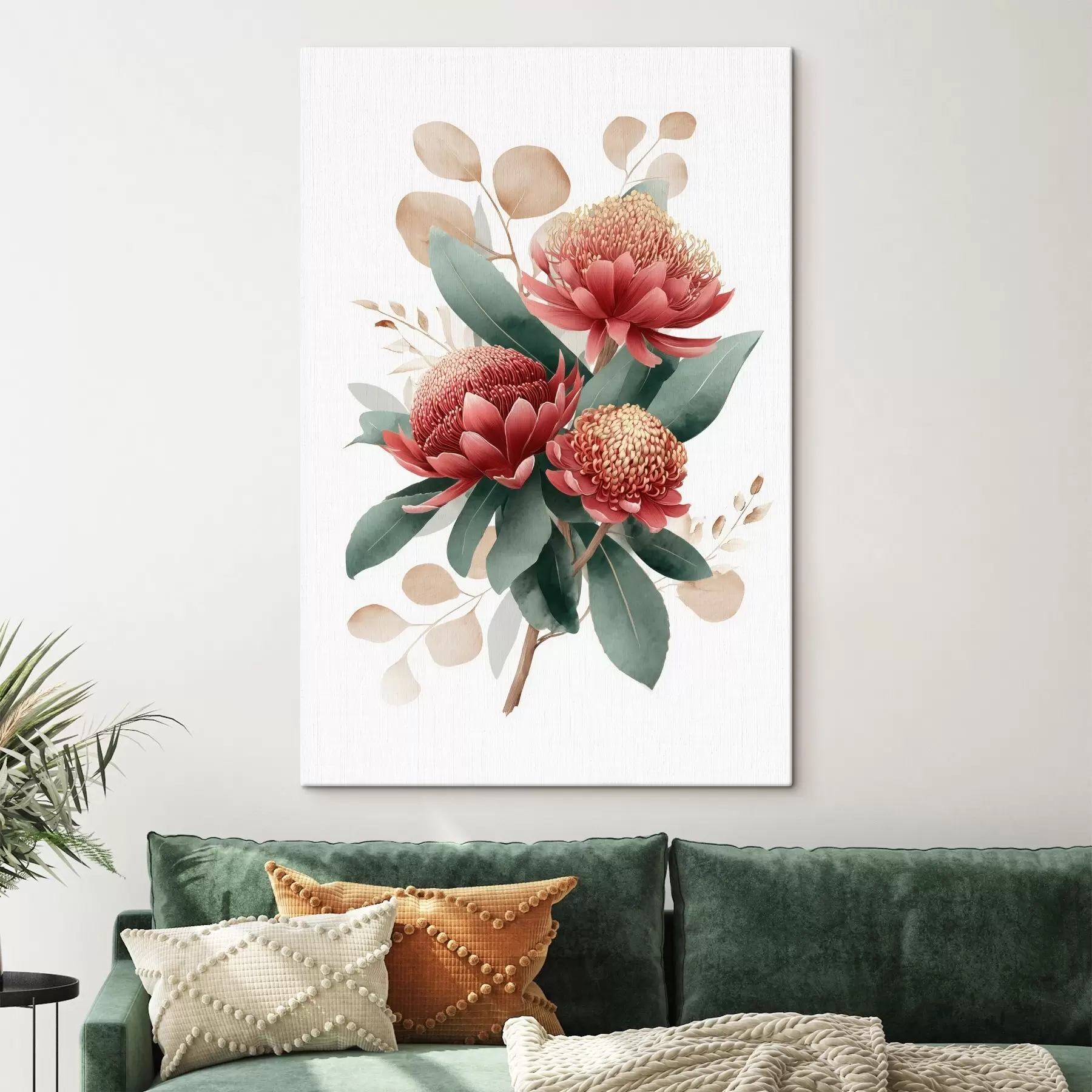 Wandbilder Ausdrucksstarker Strauß aus Proteas und dekorativem Blattwerk im Stil moderner Kunstillustrationen s46954