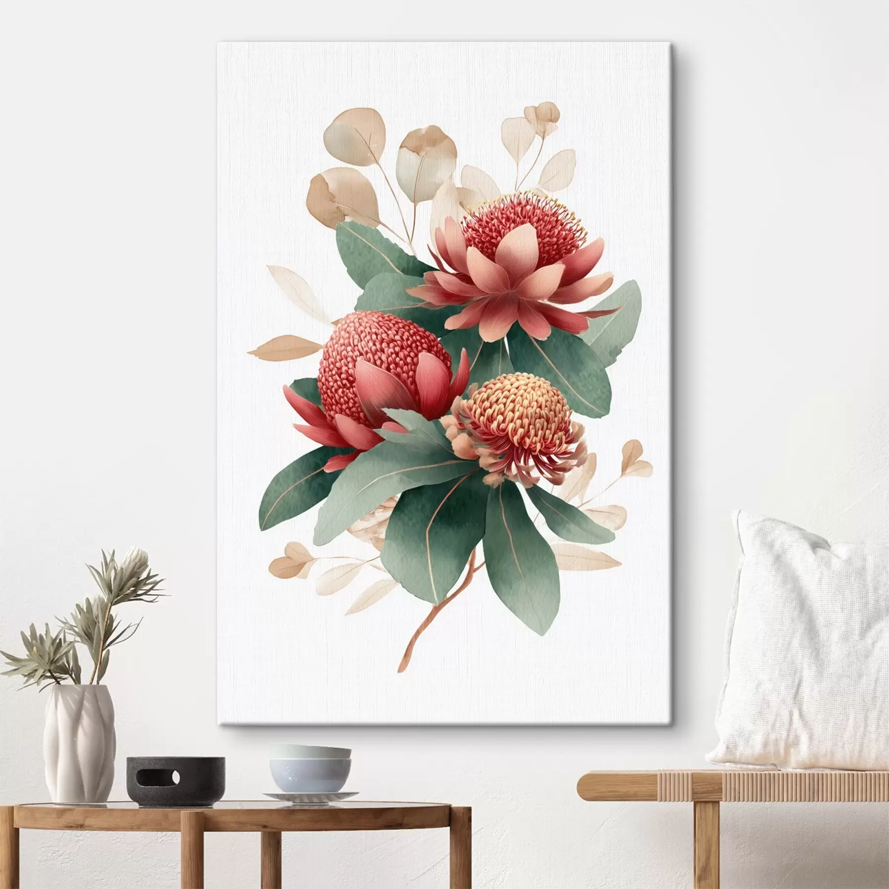Wandbilder Blumenkomposition mit großen Proteas und Eukalyptus im modernen Stil digitaler Malerei s46955
