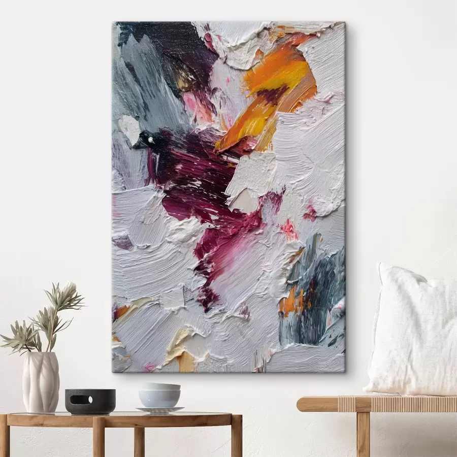 Wandbilder Abstrakte Komposition mit intensiven Pinselstrichen in Kirsch- und Orangetönen im Stil der Ölmalerei s46959