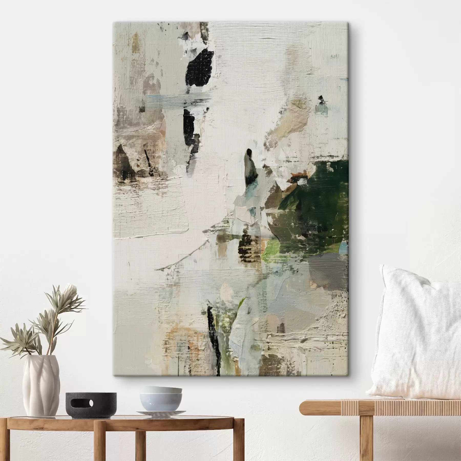 Wandbilder Abstrakte Komposition in Pastelltönen mit dunkelgrünen Akzenten im Stil der Ölmalerei s46960