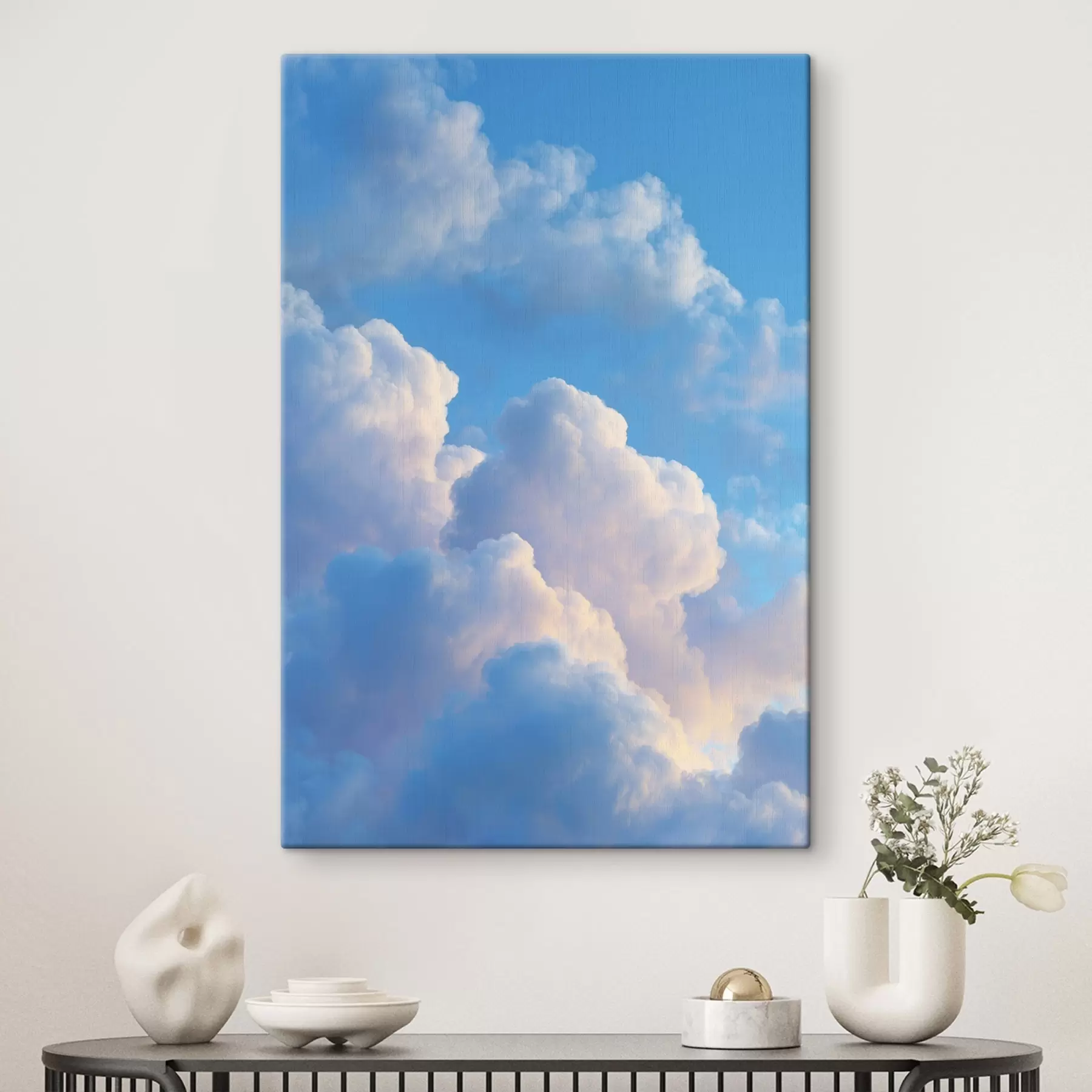 Wandbilder Voluminöse Wolken in sanften Blau- und Rosatönen im fotorealistischen digitalen Grafikstil s47088