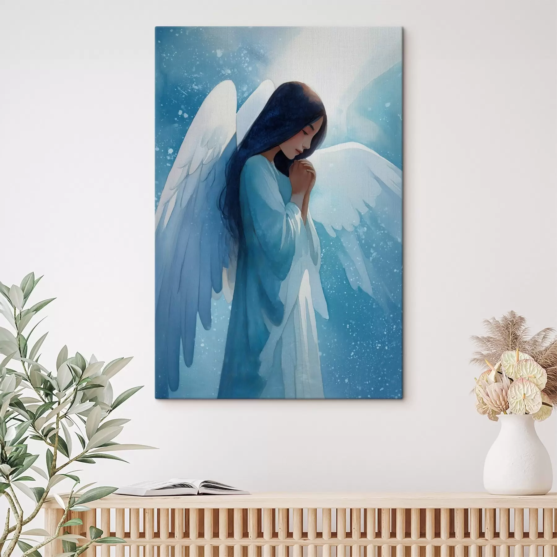 Wandbilder Aquarell-Harmonie: Engel im Licht auf blauem Hintergrund s47094