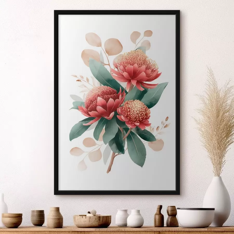 Fototapete Ausdrucksstarker Strauß aus Proteas und dekorativem Blattwerk im Stil moderner Kunstillustrationen f46954