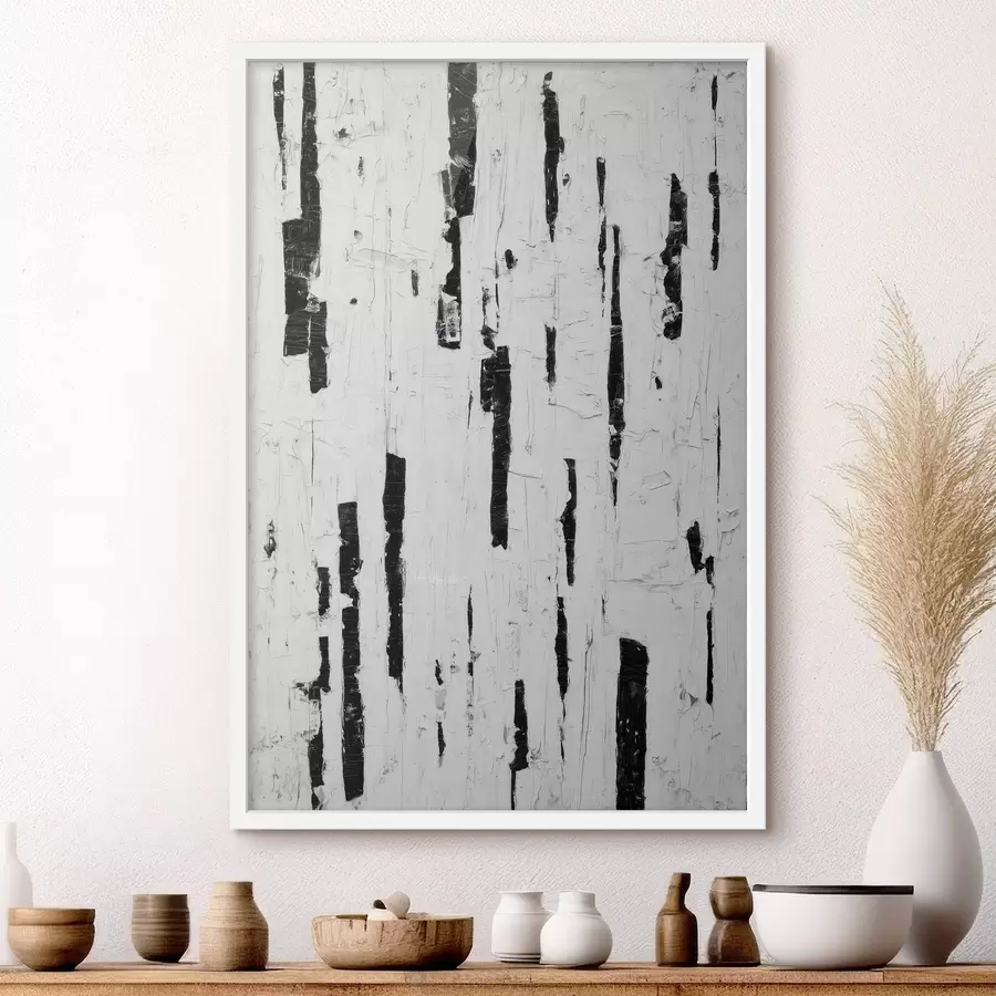 Fototapete Abstrakte Komposition mit schwarzen vertikalen Pinselstrichen auf weißem Hintergrund im Stil der Ölmalerei f46956