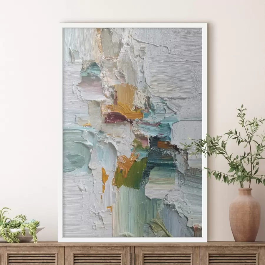 Fototapete Komposition mit türkisfarbenen und orangefarbenen Akzenten im Stil der Ölmalerei f46958