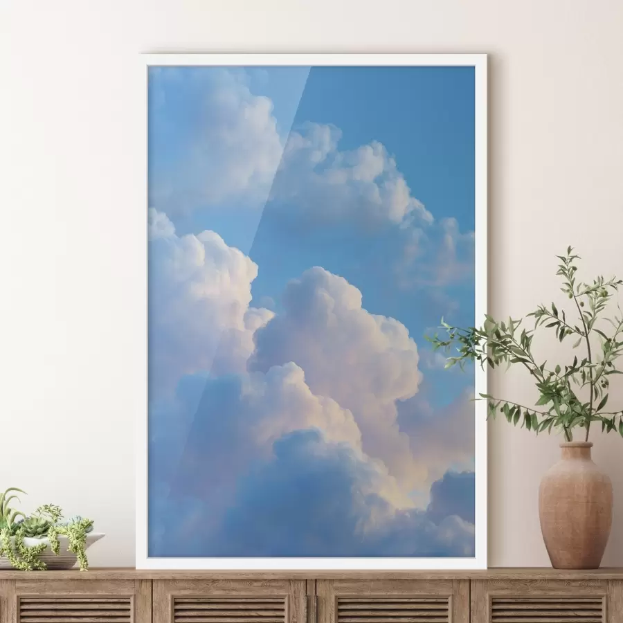 Fototapete Voluminöse Wolken in sanften Blau- und Rosatönen im fotorealistischen digitalen Grafikstil f47088