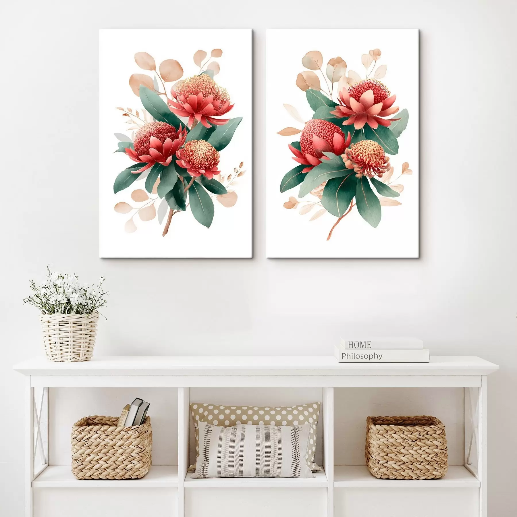 Wandbilder Blumenarrangement mit Proteas in Korallenrot auf weißem Hintergrund m01096