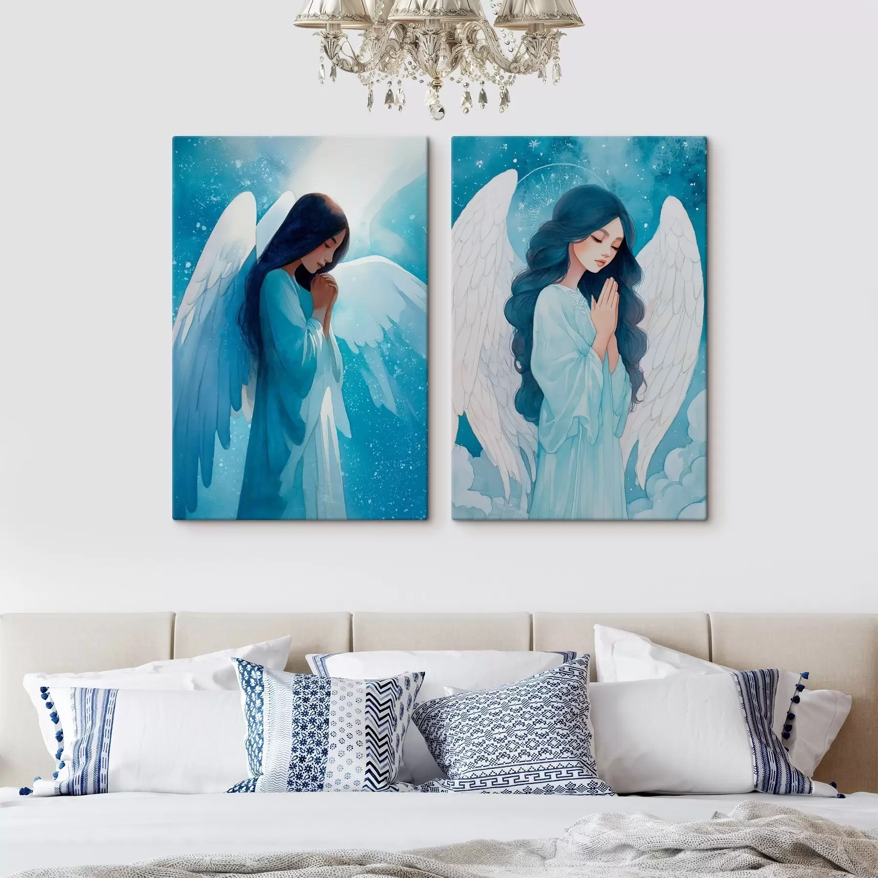 Wandbilder Moderne sakrale Kunst im Aquarellstil mit dem Bild eines Schutzengels in blauer Robe m01153