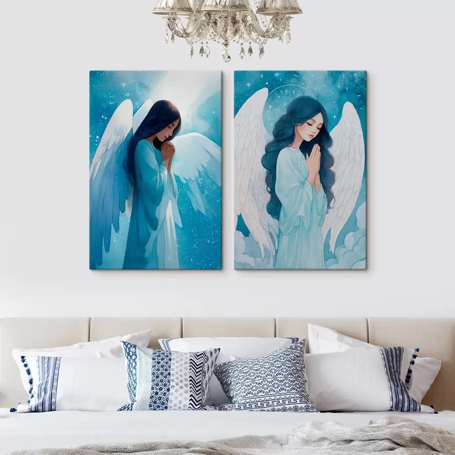 Wandbilder Moderne sakrale Kunst im Aquarellstil mit dem Bild eines Schutzengels in blauer Robe m01153