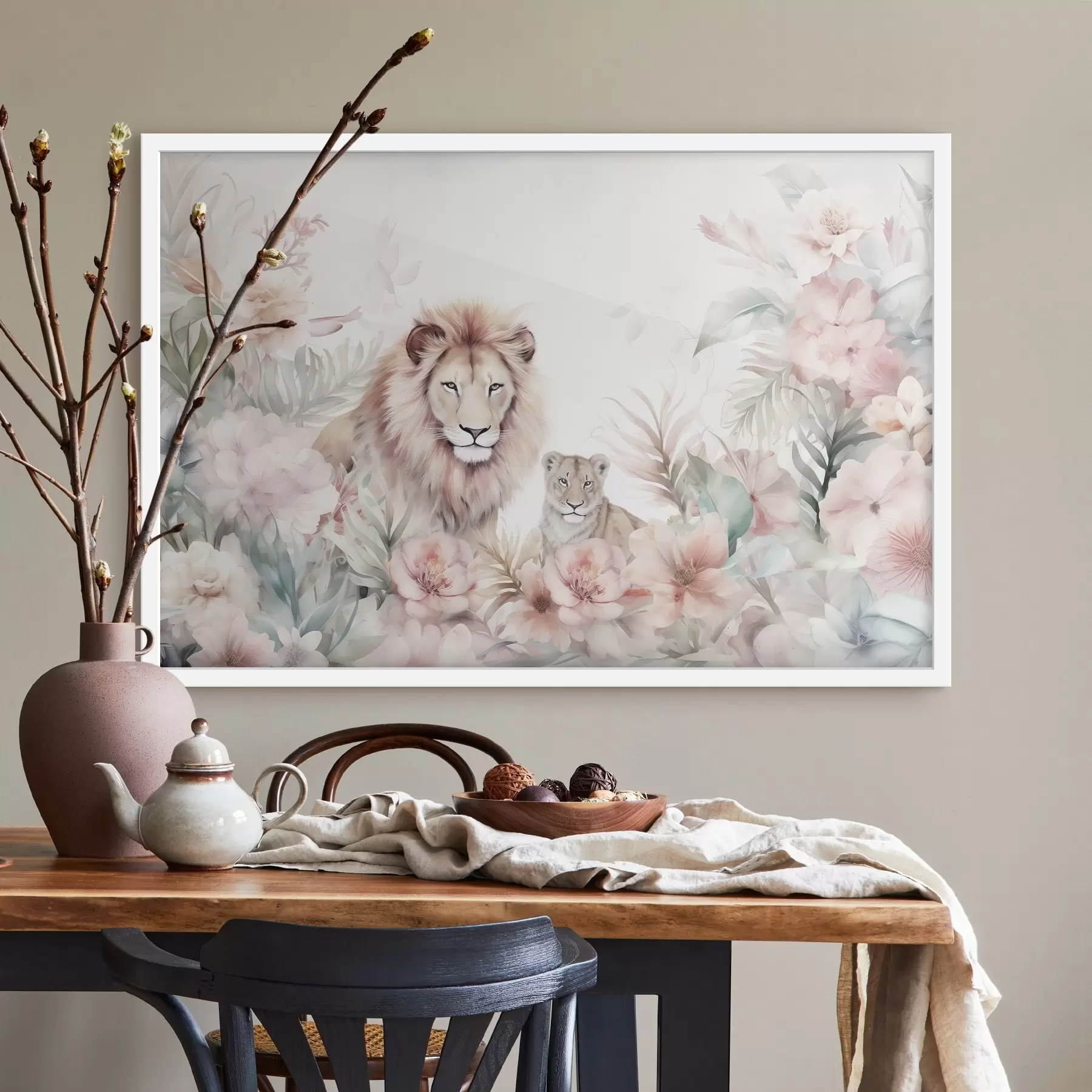 Fototapete Löwen im tropischen Dickicht, Aquarellimitation f47640