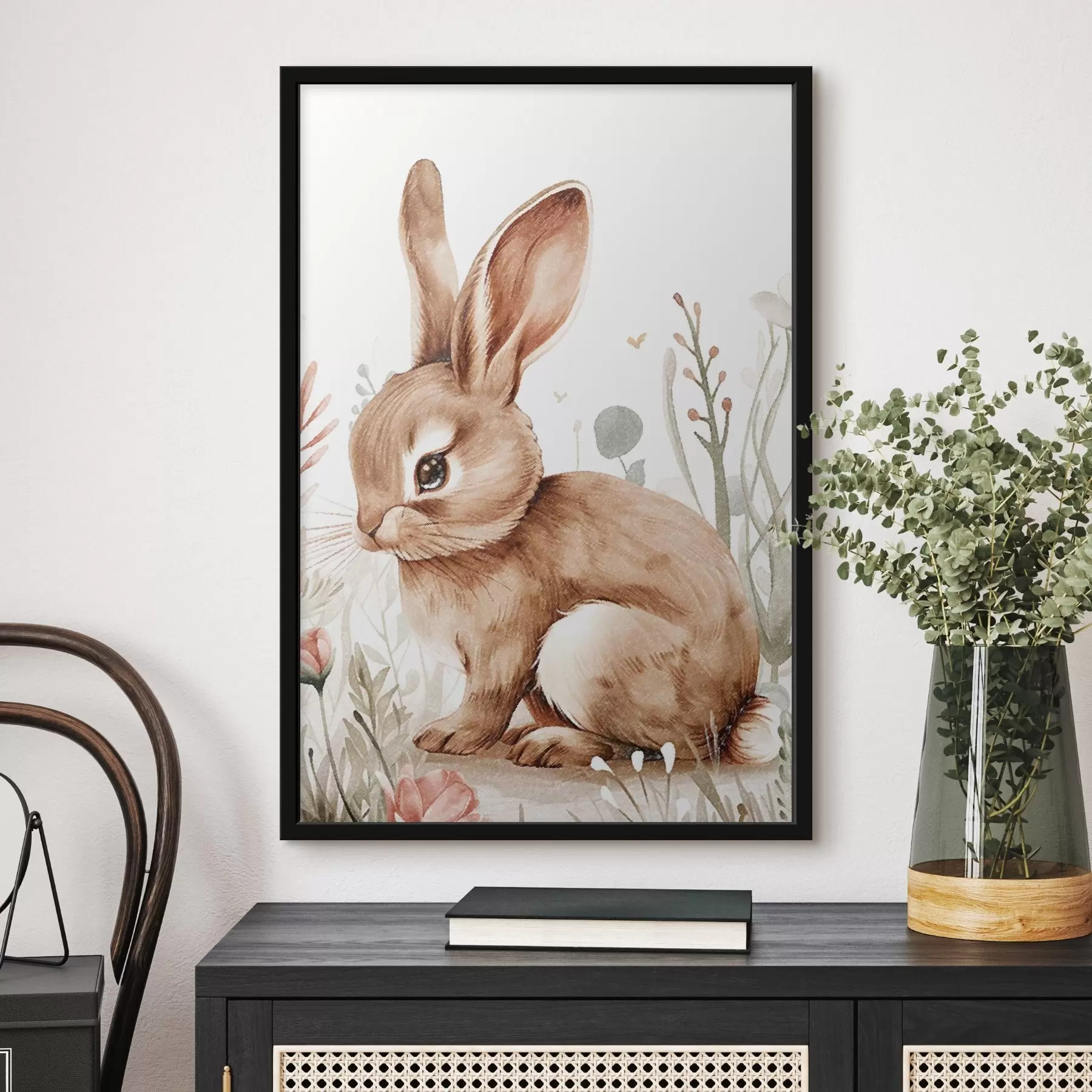 Fototapete Süßes Häschen in Blumen, Bleistift-Effekt f47741