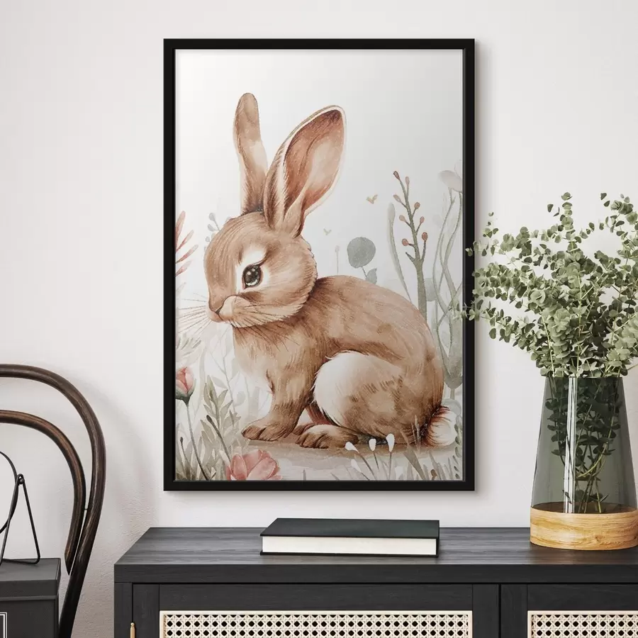 Fototapete Süßes Häschen in Blumen, Bleistift-Effekt f47741