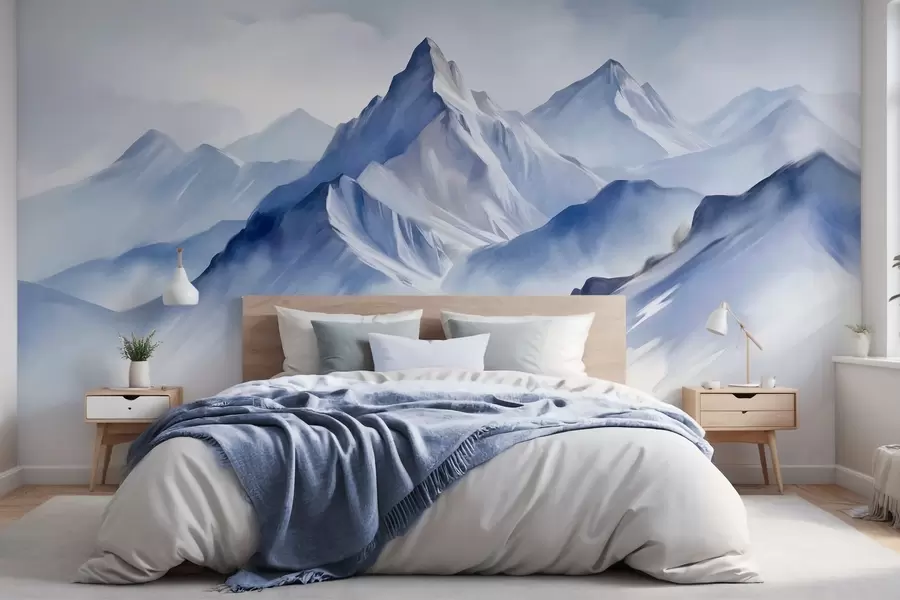 Fototapete Strukturierte schneebedeckte Berge mit einem sanften Aquarelleffekt und einer Farbpalette aus Blau- und Weißtönen w09630